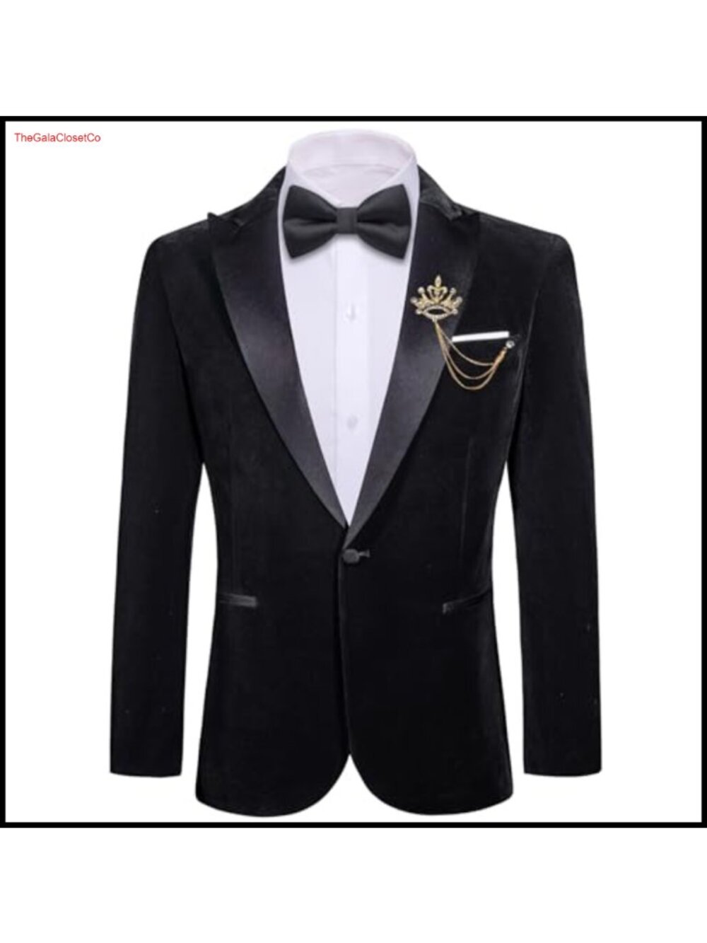 Velvet Blazer Sport Coat Peak Collar Brooch Business Casual Formal